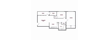 A floor plan of a house with two bedrooms, a living/dining room, a kitchen, a bathroom, and storage.
