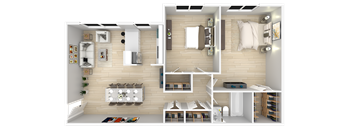 A 3D rendered image of a modern apartment layout.
