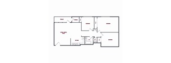 A floor plan of a house with a kitchen, living room, two bedrooms, and a storage area.