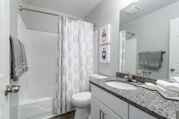 a bathroom with a shower sink and toilet and a mirror