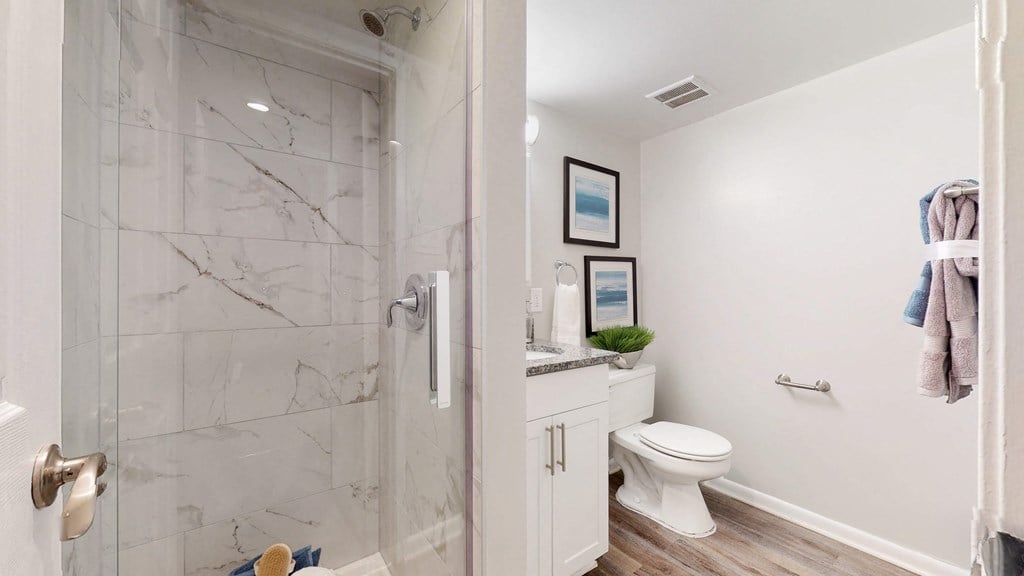 a white bathroom with a shower and a toilet