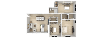 A detailed 3D floor plan of a modern apartment layout.