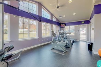 a gym with cardio machines and windows at the estates at johnston crossing apartments
