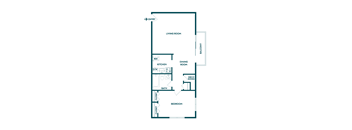 A floor plan of a home with a living room, dining room, kitchen, bath, and bedroom.