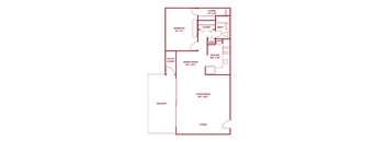 A red floor plan of an apartment with a living room, dining room, kitchen, bedroom, and bathroom.