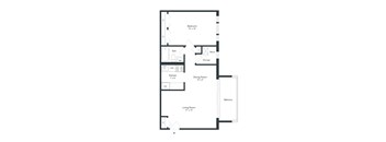A floor plan of a home with a living room, dining room, kitchen, bath, bedroom, storage, and balcony.