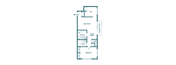 A floor plan of a house with a living room, dining room, kitchen, bathroom, and bedroom.