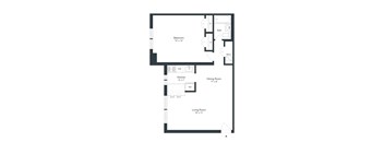 A floor plan of a house with a bedroom, a kitchen, a dining room, and a living room.