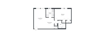 A black and white image of a floor plan for a small apartment.