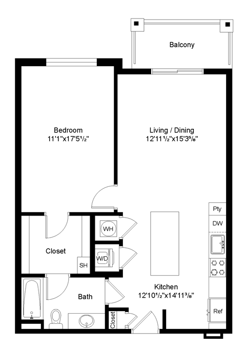 a floor plan of a small house with a bedroom and a living room