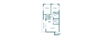 A floor plan of a house with two bedrooms, a living room, a dining room, a kitchen, a bathroom, a balcony, and an entry.