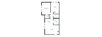 A black and white image of a floor plan for a house with a living room, dining room, kitchen, two bedrooms, and a bathroom.