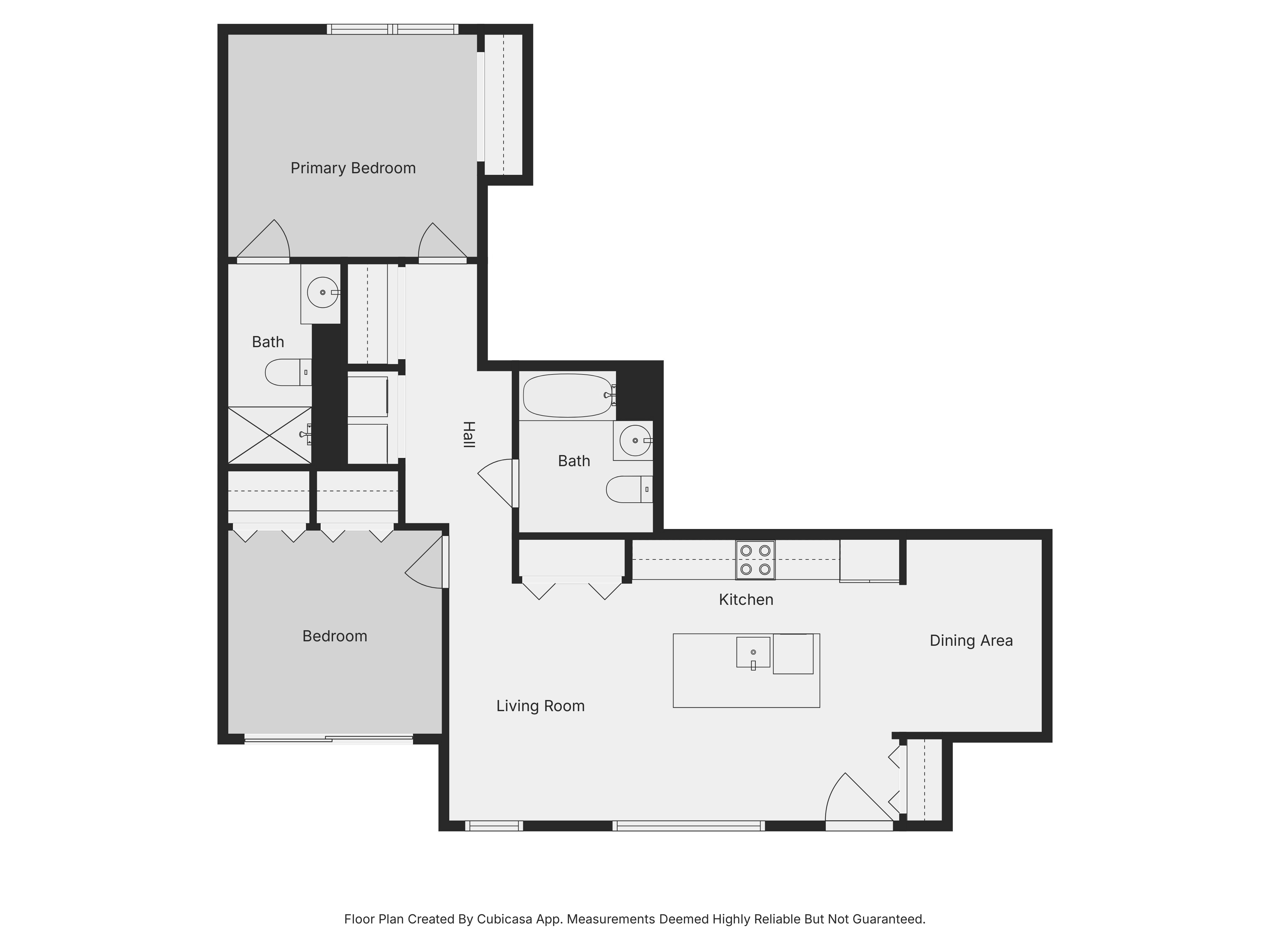 A floor plan for a home with a primary bedroom, bath, kitchen, dining area, and living room.