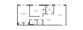A floor plan of a house with a living room, dining room, kitchen, two bedrooms, a bathroom, and a mudroom.
