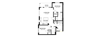 A black and white image of a house floor plan with a patio, two bedrooms, a living room, a kitchen, and a walk-in closet.