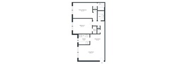A floor plan of a house with a living room, dining room, kitchen, two bedrooms, and two bathrooms.