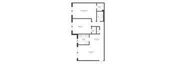 A floor plan of a house with a living room, two bedrooms, a dining room, a kitchen, a bathroom, and a walk-in closet.