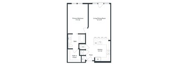 A black and white floor plan of a small apartment with a primary bedroom, living/dining room, kitchen, bath, and walk-in closet.