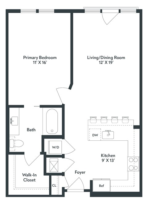 A black and white floor plan of a small apartment with a primary bedroom, living/dining room, kitchen, bath, and walk-in closet.