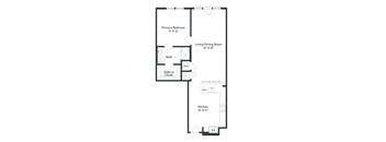 A floor plan of a small apartment with a primary bedroom, living/dining room, kitchen, bath, and walk-in closet.