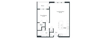 A floor plan of a house with a living/dining room, kitchen, bath, and bedrooms.
