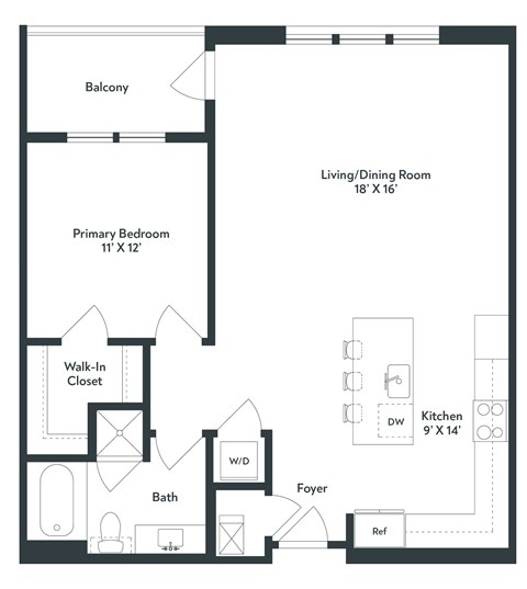 A floor plan of a house with a living/dining room, kitchen, bath, and bedrooms.