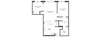 A black and white floor plan of a house with a living/dining room, kitchen, two bedrooms, a bathroom, and a walk-in closet.