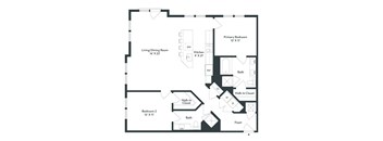 A black and white image of a house floor plan with a living/dining room, kitchen, two bathrooms, two bedrooms, and a foyer.