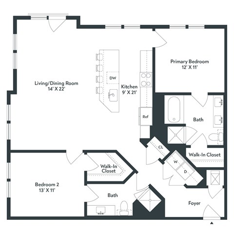 A black and white image of a house floor plan with a living/dining room, kitchen, two bathrooms, two bedrooms, and a foyer.