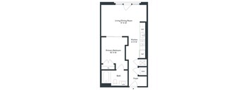 A floor plan of a small apartment with a living/dining room, kitchen, bathroom, primary bedroom, and foyer.