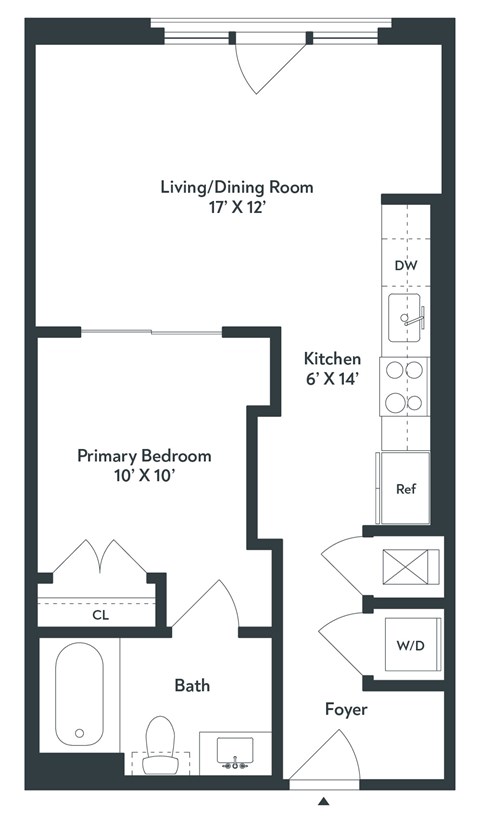 A floor plan of a small apartment with a living/dining room, kitchen, bathroom, primary bedroom, and foyer.