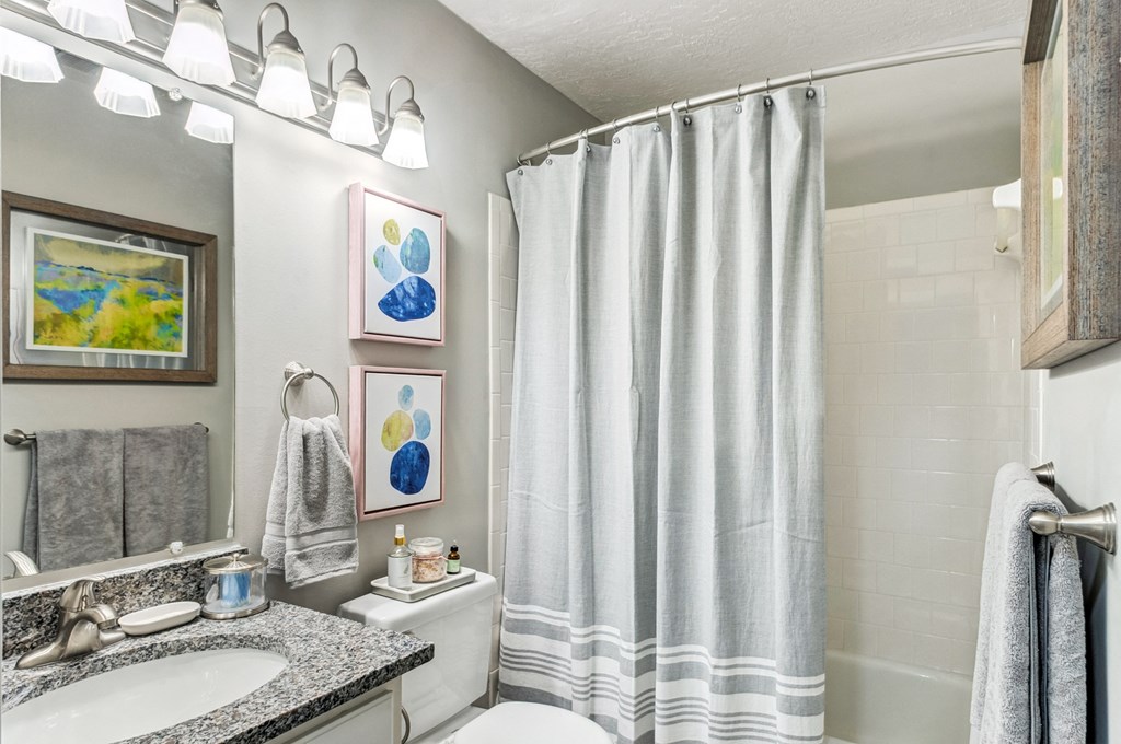 a bathroom with a shower curtain and a sink and a toilet
