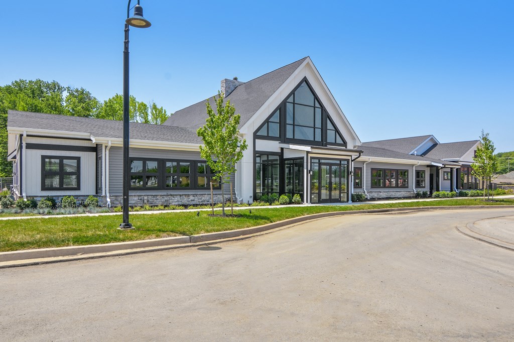 a large building with a street light in front of it