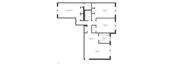 A black and white image of a floor plan for a house with a primary bedroom, three bedrooms, a dining room, kitchen, living room, and bathroom.