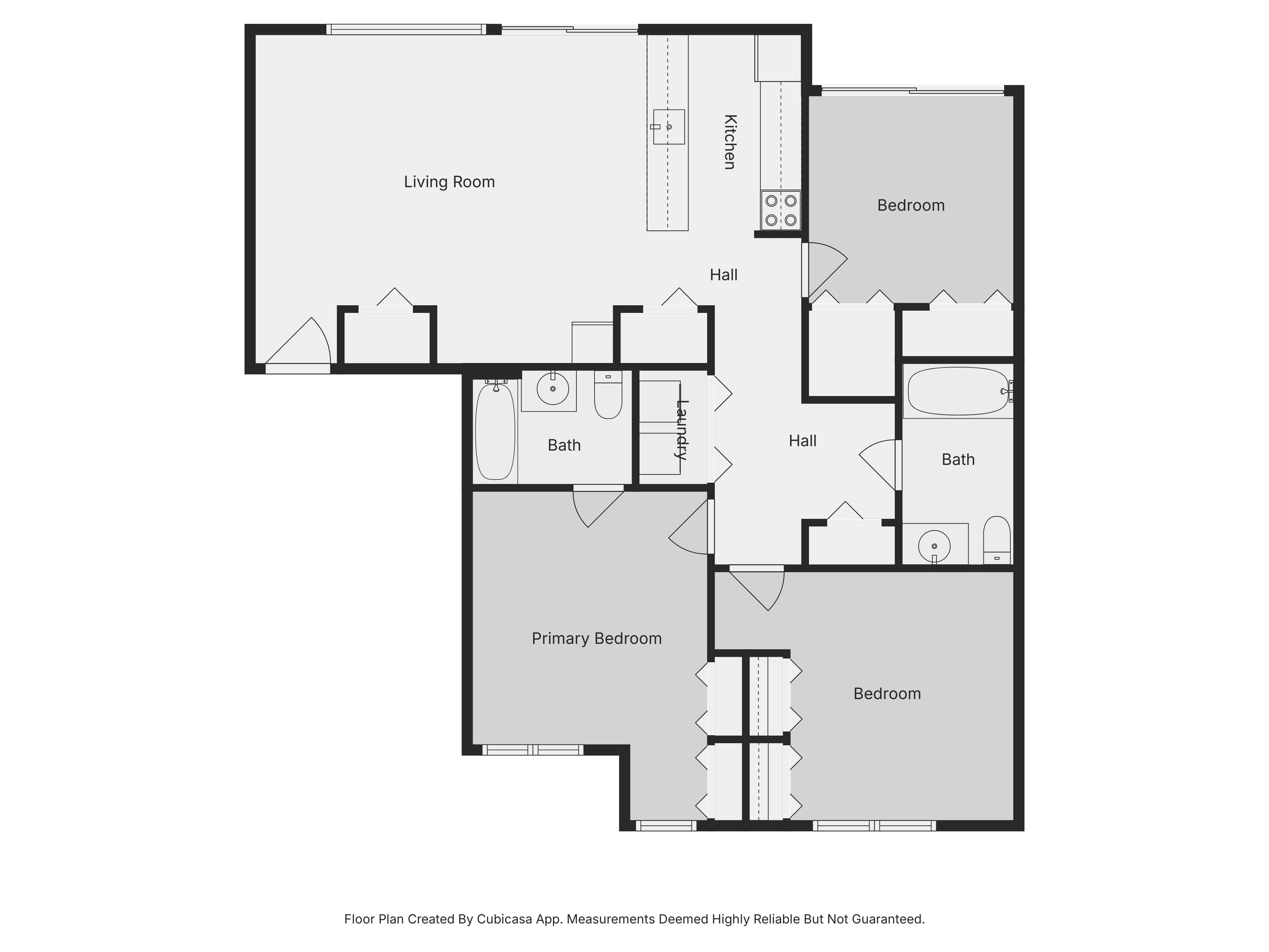 A floor plan for a home with a living room, two bedrooms, two bathrooms, a hall, and an entry.