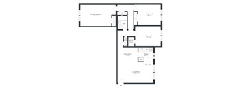 A black and white image of a floor plan for a house with three bedrooms, a living room, a dining room, a kitchen, a bathroom, and a laundry area.