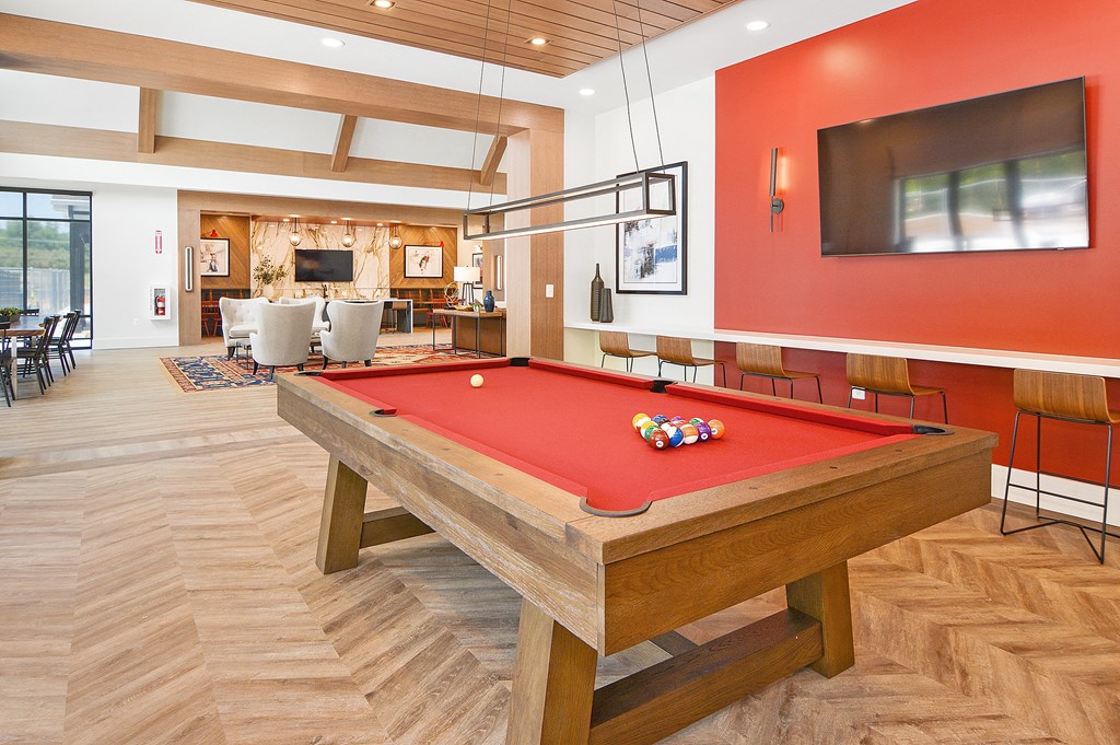 a games room with a pool table and a flat screen tv