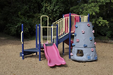 A playground with a pink slide and a grey rock climber.