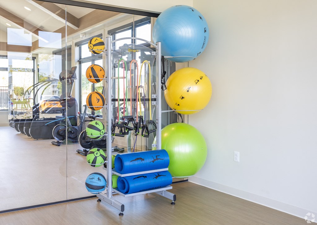 a gym with a bunch of exercise equipment and balloons
