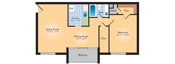 A floor plan of a house with a living room, dining room, kitchen, bedroom, bathroom and balcony.