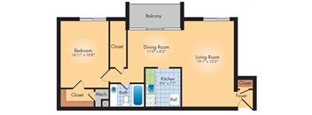 A floor plan of a living space with a bedroom, closet, dining room, kitchen, and living room.
