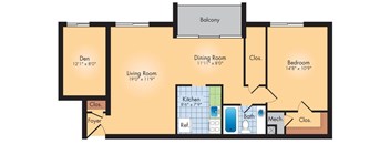 A floor plan of a house with a den, dining room, living room, kitchen, bathroom, and bedroom.