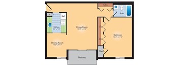 A floor plan of a house with a kitchen, dining room, living room, bedroom, bathroom and balcony.