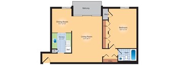 A floor plan of a living room with a kitchen, bathroom, and dining room.