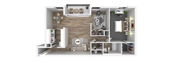 A 3D rendered image of a modern apartment layout.