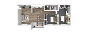 A 3D floor plan of a house with a kitchen, living room, and bathrooms.