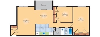 A floor plan of a house with a living room, dining room, kitchen, two bedrooms, a bathroom, a foyer, and a balcony.