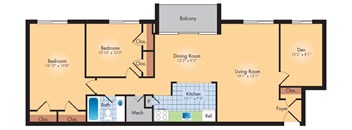 A floor plan of a house with a balcony, two bedrooms, a living room, a dining room, a kitchen, a bathroom, a mechanical room, and a foyer.