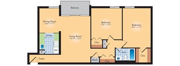 A floor plan of a house with a dining room, living room, kitchen, and three bedrooms.