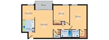A floor plan of a house with a balcony, three bedrooms, a living room, a dining room, a kitchen, and two bathrooms.